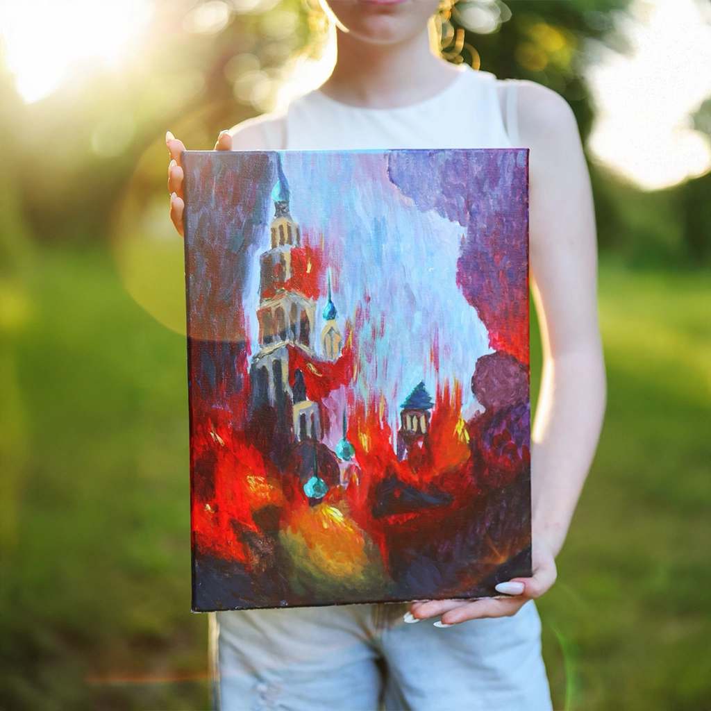 Alisa Kalacheva Kostel v ohni světla – Akrylový obraz 30×40 cm