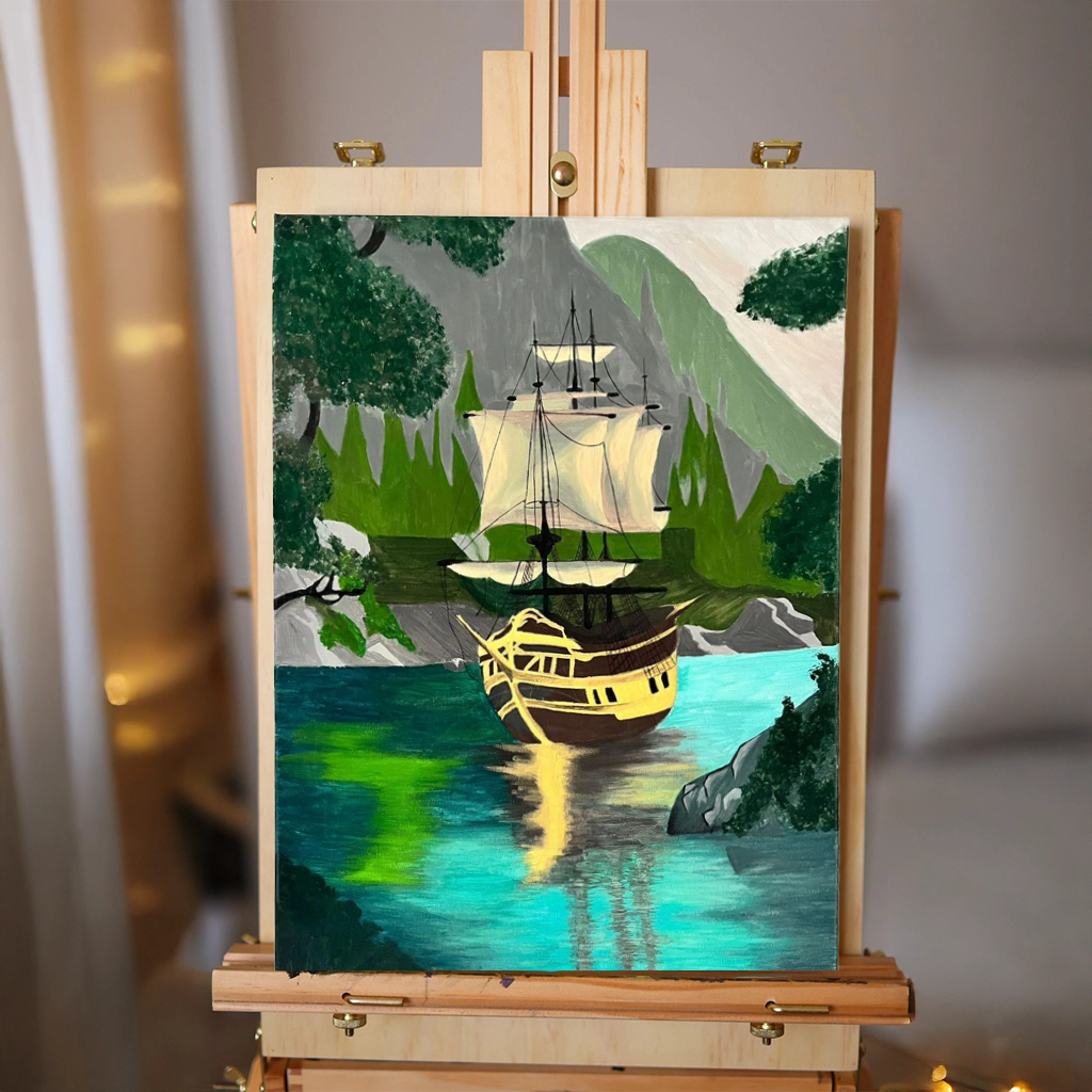 Alisa Kalacheva Loď v horách – Akrylový obraz 50×70 cm