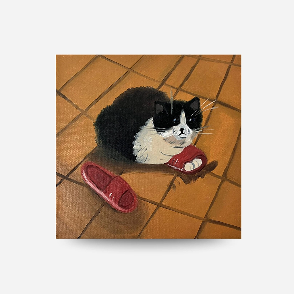 Alisa Kalacheva Kocour v pantofli - Olejový obraz 20×20 cm