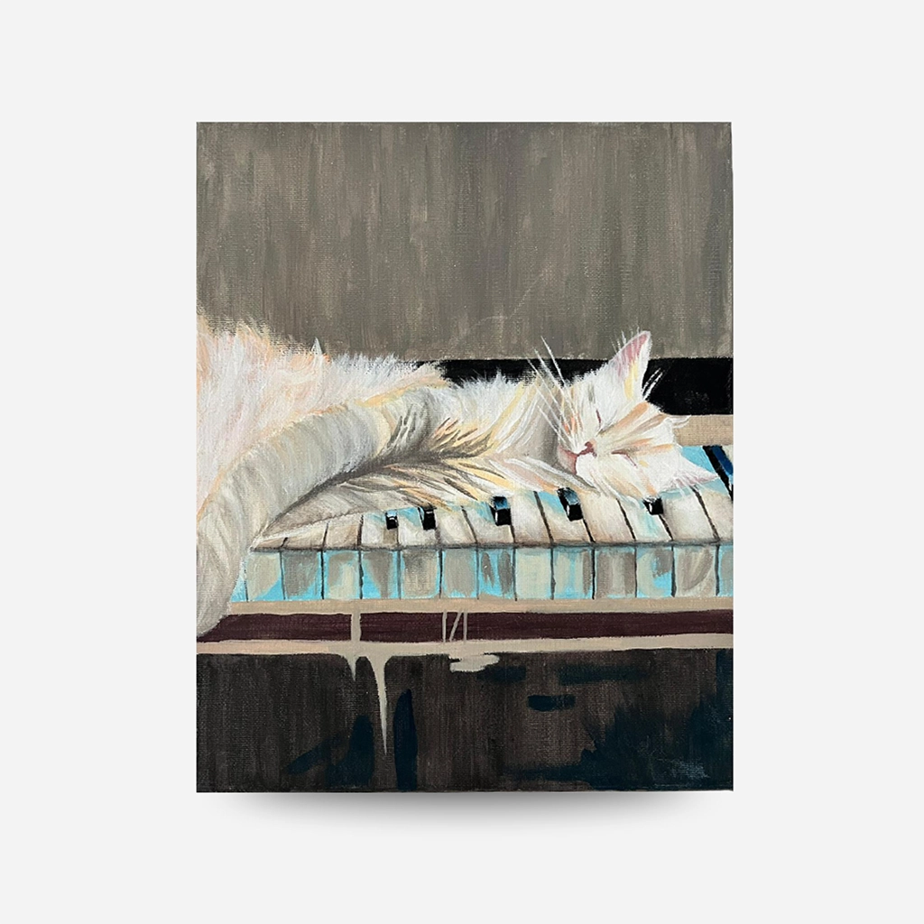 Alisa Kalacheva Kocour na pianu – Originální obraz 20×30 cm