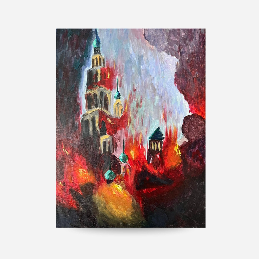 Alisa Kalacheva Kostel v ohni světla – Akrylový obraz 30×40 cm