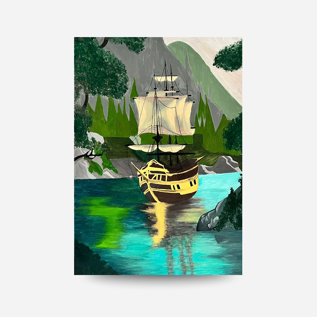 Alisa Kalacheva Loď v horách – Akrylový obraz 50×70 cm